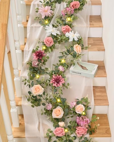 Waipfaru Artificial Flower Garland with Lights, 6.07Ft Lighted Eucalyptus Greenery Garland, Pink Rose Floral Vines for Wedding Table Runner Centerpieces Backdrop Decor - color: Dusty Pink-lights-6.07ft, size: 1 Pack