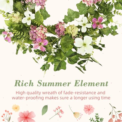 YNYLCHMX 20" Spring Summer Wreaths for Front Door, Artificial Floral Wreath with Pink Hydrangea Green Eucalyptus Leaves, Green Foliage Wreath for Wall Window Farmhouse Party Holiday Home Decor - color: Pink Hydrangea