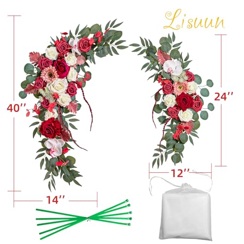 Lisuun Artificial Wedding Arch Flowers with Chiffon Runner, Pack of 3 | Includes 2 Flower Swags, 1 20ft Chiffon Runner and Zip Ties for Wedding Arches, Arbors and Backdrops - color: Wine Red & Coffee