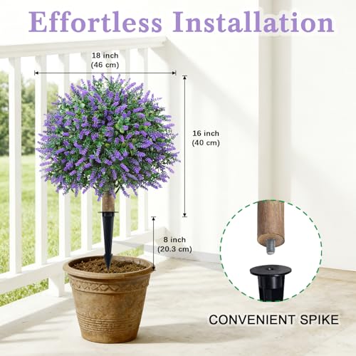 24" Artificial Boxwood Topiary Trees, UV Resistant Faux Plants Shrubs Bushes Fake Greenery Plants for Front Door Indoor Outdoor Home Decor with Metallic Spike - color: Lavender Ball Tree