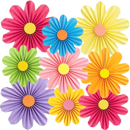 Paper Jazz Colorful Party Decorations with Daisy Paper Flower,Rainbow Birthday Decorations-9pcs Tissue Mexican Decor for Home Backdrop Garden Birthday Party Wall Hanging Fan for Spring Party - color: colorful