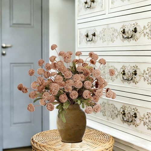 12Pcs Fake Kiku Flowers, Artificial Small Chrysanthemum Balls with Stems, Faux Silk Mini Pompon Mums for Vase Floral Arrangement DIY Bouquets Wedding Party Table Centerpieces Home Decor (No Vase) - color: Light Coffee