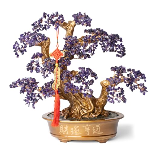 Natural Amethyst Gemstone Crystal Bonsai Tree of Life （1,350 Gemstone Count） Large Feng Shui Money Chakra Tree for Luck and Wealth Desk Decoration 20 Inches - color: Big Amethyst
