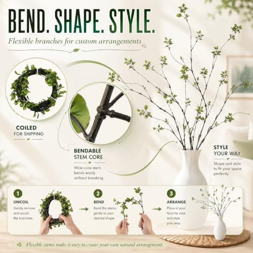 4 Pcs 38.5" Tall All-Black Artificial Branches with Leaves, Realistic Faux Ficus Greenery Stems, Bendable Fake Plant Twigs for Tall Floor Vases, Home Centerpiece, Office & Spring Decor - color: Black