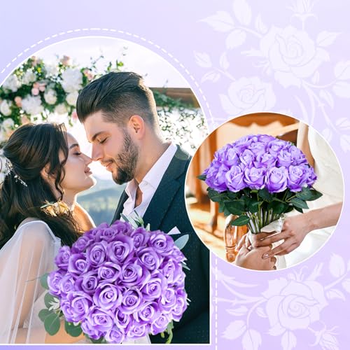 30pcs Fake Roses Artificial Silk Flowers Long Stems Bouquet for Wedding Bridal Shower Party Home Decoration (Purple) - color: Purple