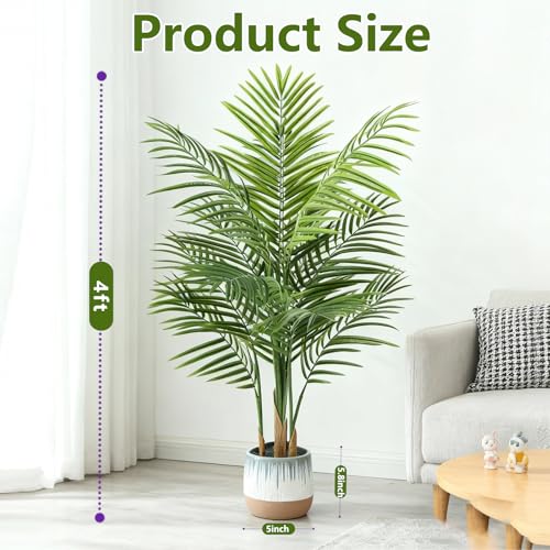 Artificial Palm Tree Indoor 4ft, Large Fake Tropical Areca Palm Tree with 13 Trunks, Faux Dypsis Lutescens Floor Plant in Pot for Indoor Outdoor Home Office Decor & Housewarming Gift - size: 4ft