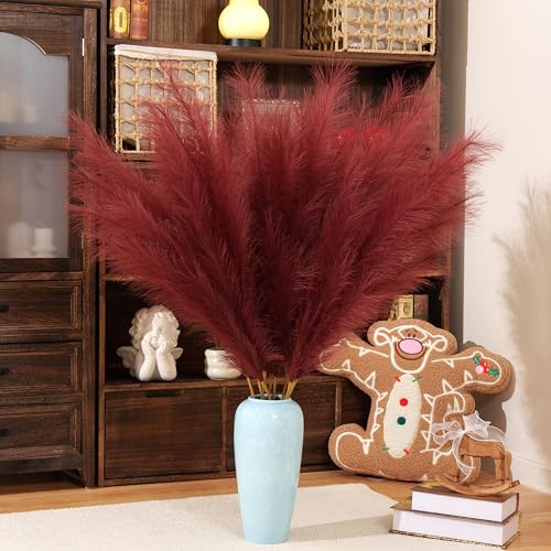 Premium Faux Burgundy Red Pampas Grass – 43.3" Tall Fluffy Romantic Decor, 8pcs 18-Branch One-Piece Stems No Assembly, Luxury Feather Flowers for Wedding Holiday Decor (Claret Red, 8 Stems / 110cm) - color: Faux Claret Red, size: 8pcs 43.3"(110cm)