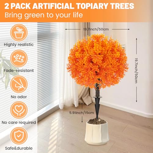 25.6" Artificial Topiary Ball Trees, 2 Pack Artificial Shrubs Bushes with Ground Spike, UV Resistant Fake Evergreen Tree for Porch Decor - color: 2 Pack 26" Fall Eucalyptus