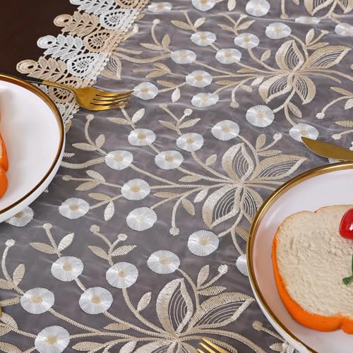 Lace Table Runner Floral Embroidery Fabric Rustic Table Runners Elegant Chic Table Transparent Cover for Home Dining Room Tabletop Decor Wedding Party Dresser (Champagne&White, 24 x 24 Inch(Round)) - color: Champagne&white, size: 24 x 24 Inch