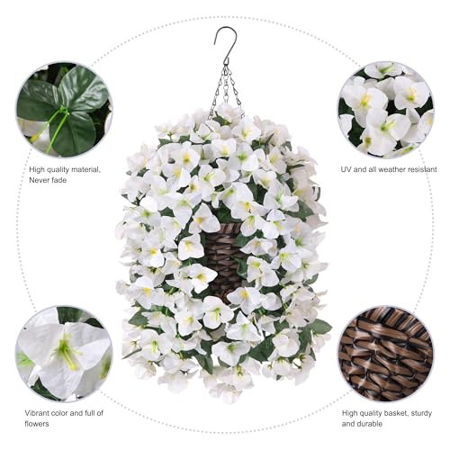 Ivydale Bougainvillea Artificial Hanging Fake Flowers with Basket for Outdoors Decoration, Faux Silk Flowers UV Resistant Fake Plants Long Vines Realistic for Outside Front Door Porch Patio, White - color: White