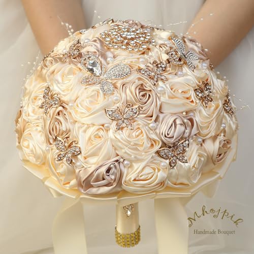 Handmade Wedding Flowers Bouquet Round Holding Bridal Bouquet Artificial Satin Roses Bunch for Bride Bridesmaid Wedding Quinceanera - color: Cream & Camel, size: Medium (Dia. 8.7"/22cm)