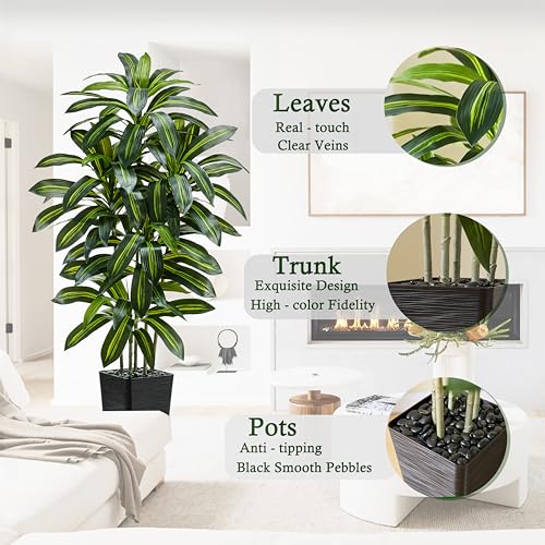 Artificial Dracaena Tree：6FT Faux Silk Tropical Yucca Floor Trees Realistic Fake Green Plant with Natural Wood Trunk & Lifelike Leaves for Home Office Decor Indoor & Outdoor (6FT,1-Pack,Black) - color: Dark Green – Black Pot, size: 6FT