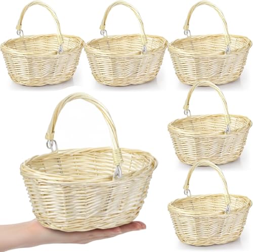 Barydat Small Wicker Basket with Handle Flower Girl Baskets Oval Willow Woven Braided Gift Basket for Weddings Picnic Baby Shower Home Garden Decor(6 Pcs,Beige,9" x 7" x 4") - color: Beige, size: 9" x 7" x 4"