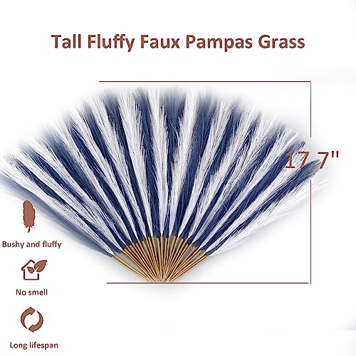 Blue and White Pampas Grass Decor, 30 Pcs 17" Faux Pampas Grass Short Decor, Pompas Grass Flower Arrangement and Vase Filler for Boho Home Wedding Decoration - color: Navy Blue& White, size: 17'' Tall