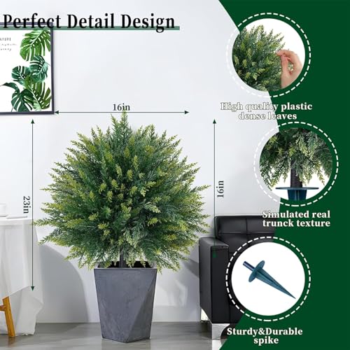 2 Pack Artificial Cedar Topiary Trees with Ground Spike, Fake Pine Shrubs Bushes, UV Resistant Faux Evergreen Cypress Tree Plants for Indoor Outdoor Planters Front Porch - color: Cedar