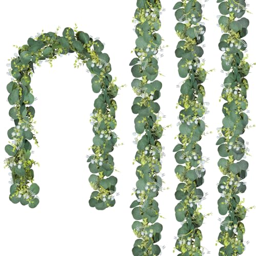 CQURE 4Pcs Eucalyptus Garland,Artificial Eucalyptus Leaves Table Greenery Garland Wreath Vines for Wedding Party Table Fireplace Bedroom Wall Room Decor - size: 23.6 Ft with Flowers