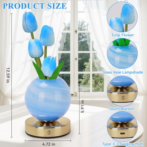 Tulip Table Lamp, Rechargeable Cordless Touch Dimming Artificial Tulip Flower Desk Lamp, LED Flower Bedside Night Light Romantic Gifts for Girl Women Mom (Blue) - color: Blue