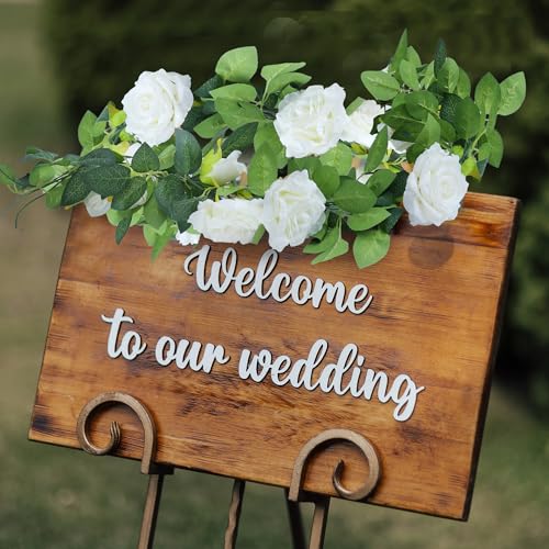 Sggvecsy 2Pcs 15.5Ft Artificial Rose Vine Fake Flower Garland Floral Garland Faux Silk Hanging Vine Rose Ivy Vines for Wedding Arch Party Wall Garden Ceremony Background Outdoor Decor (White) - color: White, size: 2Pcs