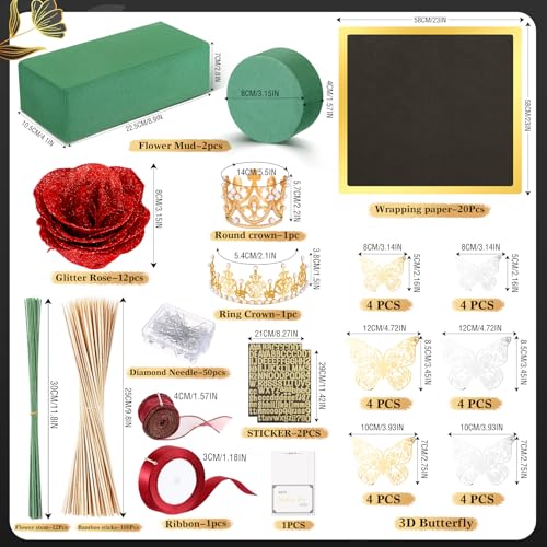 Maysing Money Bouquet Kit 12 Pcs Glitter Roses 20 Sheet Flower Wrapping Paper DIY Flower Bouquet Floral Foam Blocks Sticker for Anniversary Birthday Mother's Day Graduation(Red) - color: Red