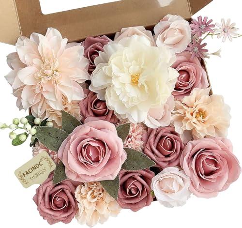 FACINOC Roses Artificial Flowers Pink Bouquets Box Set for DIY Bridal Wedding Shower Decorations Fake Floral Arrangements for Party Table Centerpieces Home Decor Indoor Outdoor Dusty Blush 19pcs - color: Blush Pink