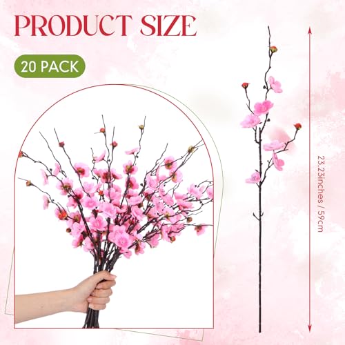 Suncalla 20 Pcs Artificial Cherry Blossom Flowers Pink Faux Cherry Blossom Stems Silk Simulation Plum Bouquet Branches 23.2'' Fake Flowers Long Stems for Vase Arrangements Home Wedding Table Decor - color: Pink, size: Classic
