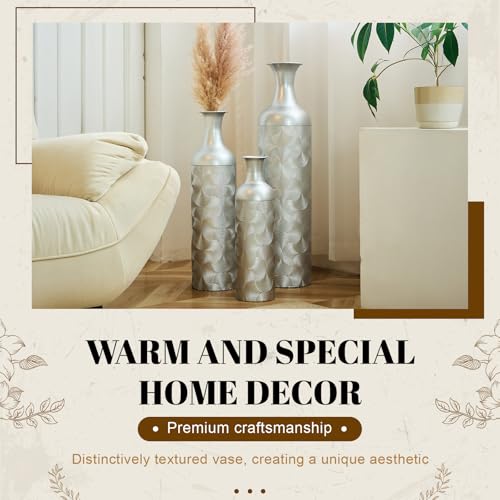 Tall Floor Vases Set of 3 for Decor Living Room Floor, Silver Vases Home Decor, Embossed Body Pattern, 32.68" H/25.98" H/19.69" H Geometric Cylinder (Silver 1) - color: Silver 1