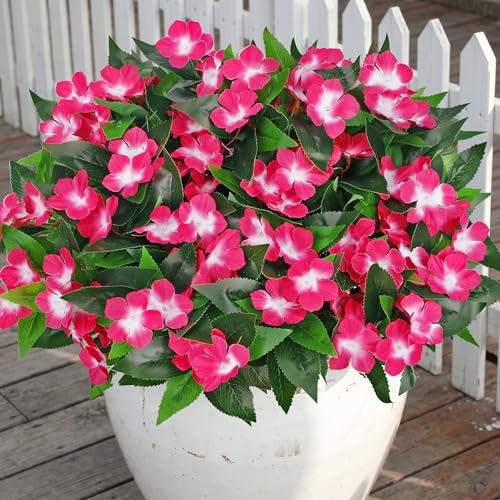 Roberly 6 Bundles Artificial Flowers for Outdoors, Faux Silk Catharanthus Roseus Flowers Bouquet Fake Greenery Plant for Spring Summer Garden Patio Porch Window Box Table Home Decor, Rose Red - color: Rose Red