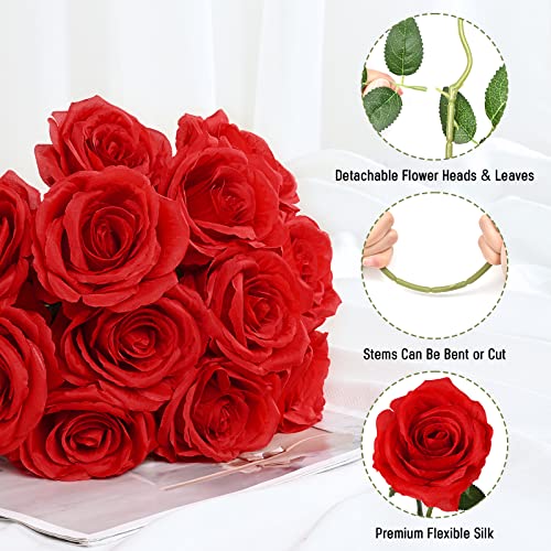 Waipfaru 16 Pcs Artificial Flowers Fake Silk Roses, Faux Real Touch Roses Bouquet with Long Stem for Wedding Party Home Decor (Red) - color: A-red, size: 16 Pcs