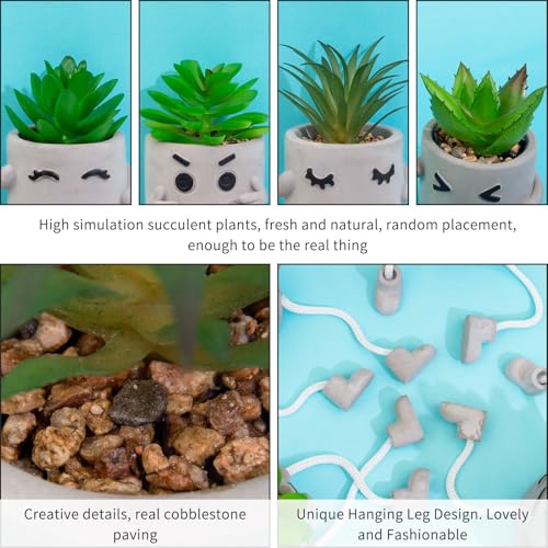 Set of 4 Small Faux Succulents in Cement Pots with Hanging Legs, Potted Mini Fake Plants for Desk, Office Cubicle, Kitchen, Bathroom, Wall Shelf Decor, Room & Bookshelf Ornament - color: 4small-shy-green