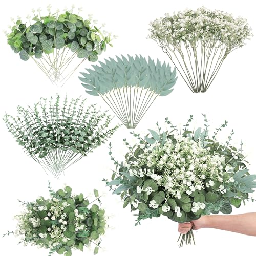 108 PCS Baby's Breath Artificial Flowers - Babys Breath Flowers with Eucalyptus Stem Bulk - Real Touch Fake Gypsophila Bouquets for Wedding Decor, Party Arrangements, Home Decoration, DIY Crafts - color: 108pcs Flower With Eucalyptus Stem