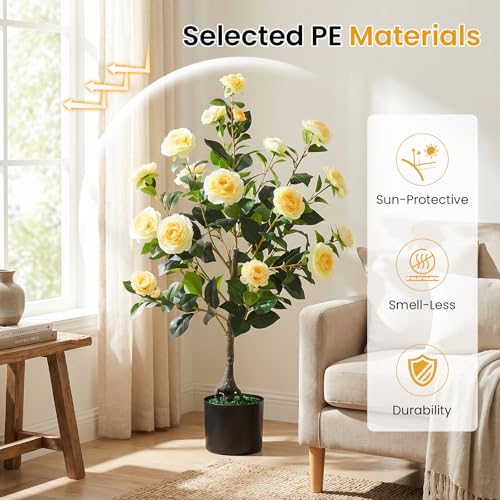 Goplus 35.5’’ Artificial Camellia Tree, Flower Plants Artificial Tree, Faux Floral Plant Blooming Tree in Cement Pot, Greenery Potted Plant for Indoor Outdoor Office Home Porch Decor - color: Yellow, size: 35.5 inch×2