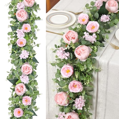 Betylifoy 2 Pack 6.2Ft Pink Flower Garland Artificial Eucalyptus Flower Garlands Fake Peony Rose Floral Vines Silk Hydrangea Hanging Vine Greenery Garland for Wedding Party Table Wall Backdrop Decor - color: Pink