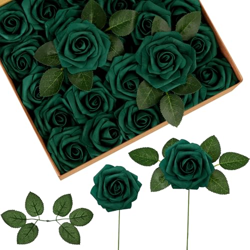 InnoGear Artificial Flowers, 50 Pcs Hunt Green Foam Fake Roses Bulk with Stems for St. Patrick's Decoration DIY Wedding Bouquets Centerpieces Bridal Shower Party Valentines Christmas Tree - color: Hunt Green