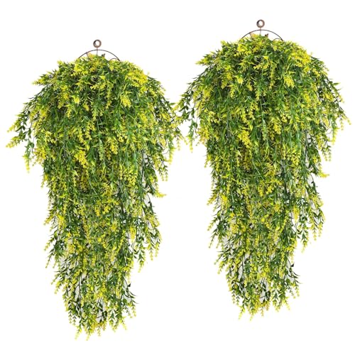 RECUTMS Artificial Hanging Lavender Plants, 4Packs 30 Inches, Yellow Ivy | UV Resistant,Plastic, Trailing Greenery Garland for Home Room Garden Wedding Front Porch Patio Farmhouse Indoor Outdoor Decor - color: Yellow