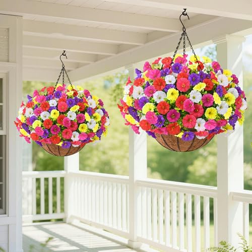 Elyum 2 Pack Artificial Hanging Flowers for Outdoors, Fake Flowers Artificial Petunias Hanging Baskets for Outdoors, UV Resistant Fake Hanging Plants Flowers for Outside Garden Patio Porch Decor - color: Mixed Colors 3, size: 2 Pack