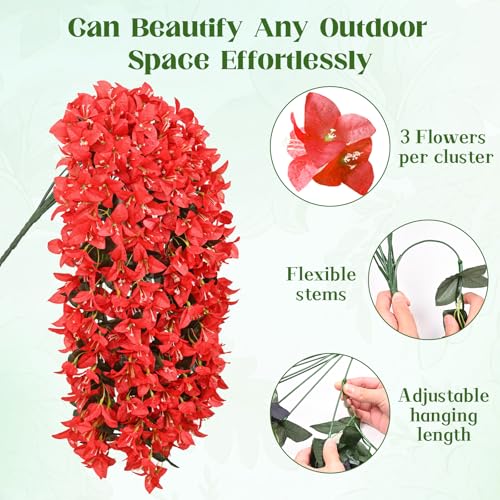 4Pcs Artificial Flowers for Outdoors - Red Realistic Faux Silk Bougainvillea Flowers, Fake Hanging Plants for Porch Patio Balcony Decoration - color: Red, size: 4 Pcs