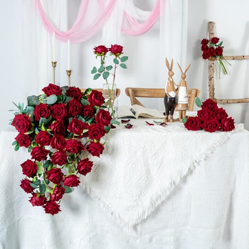 Ttranewsoo Burgundy Flowers Artificial Roses,Fake Red Rose Faux Flowers Silk Roses ，Rose Flowers with Stems for Home Wedding Party Spring Valentines Table Decoration DIY Bouquet 16.5in （24pcs, Red - color: Red 24pcs