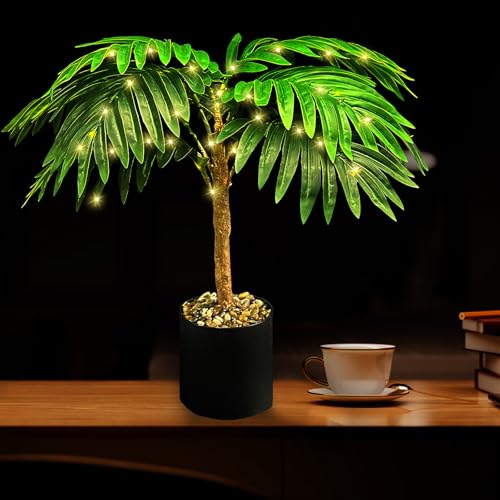20-Inch Lighted Palm Tree Faux Plant, USB Battery Powered | LED palm leaf design, USB or battery powered, Indoor home decor, Artificial tropical plant, Living room accent - color: Palm Leaf