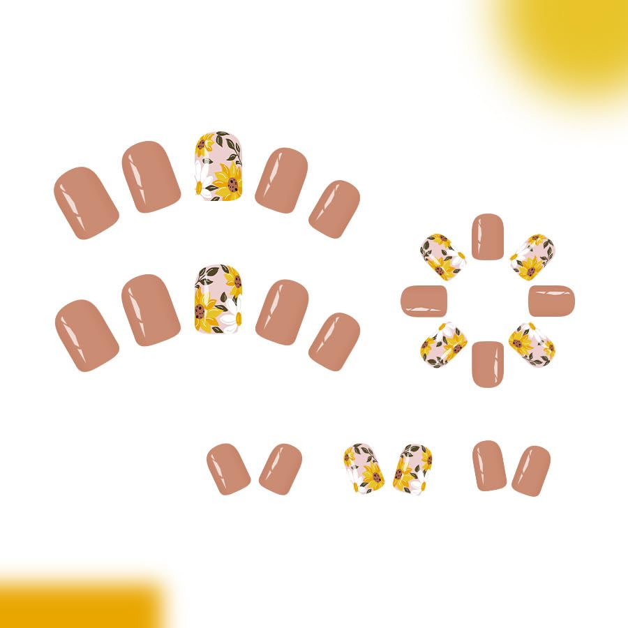 Brown Flower Press on Nails Short Square Fake Nails with Yellow Cute Daisy Sunflower Fall Designs Glossy Acrylic Kit Simple Stick on False Nails for Women Girls 24Pcs