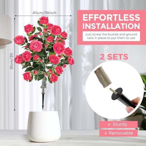 Lunmon 2 Pack 3ft Artificial Camellia Plants Tree 36" Faux Camellia Flower with Spike UV Resistant Realistic Fake Floral Blooming Bush for Indoor Outdoor Front Door Porch Backyard Garden, Rose Pink - color: Rose Pink, size: 3 ft