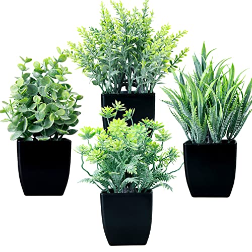 GREENTIME 4 Pack Fake Plants in Black Pot Small Artificial Eucalyptus Potted Plant Wheat Grass Mini Faux Greenery for Home Decor Indoor Office Table Room Farmhouse Bathroom Decorations - color: Black-grey