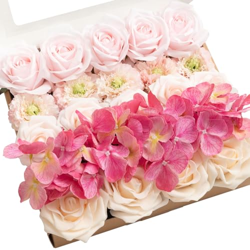 Ling's Moment Artificial Flowers Fake Silk Hydrangea Faux Peony Foam Roses Combo for DIY Wedding Bouquet Centerpiece Arrangement Bridal Shower Party Home Decor, Powder Pink & Berry Pink & Cream, 24pcs - color: Pk-powder Pink & Berry Pink & Cream