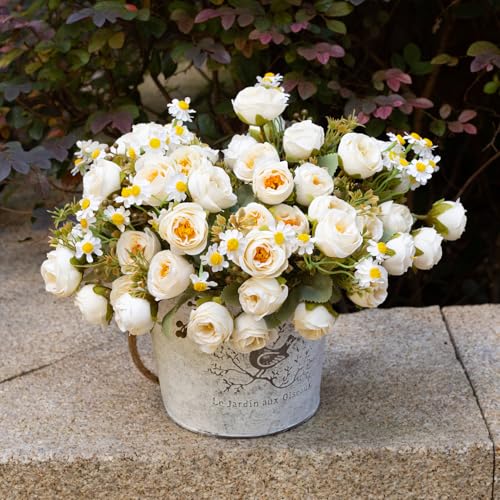 5 Pcs Fake Flowers in Vase Artificial Flower Arrangement Faux Peony Flowers for Wall Decoration Party Home Centerpiece Decor (Cream) - color: Cream