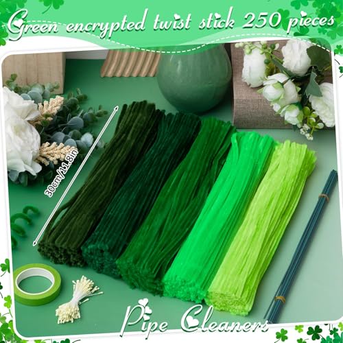 Peryiter 371 Pcs Pipe Cleaners Flowers Kit, Pipe Cleaners Chenille Stems Bulk with Floral Wire Gardening Tape Stamen, Fluffy Limpiapipas para Flores for DIY Mother's Day Decor(Green) - color: Green