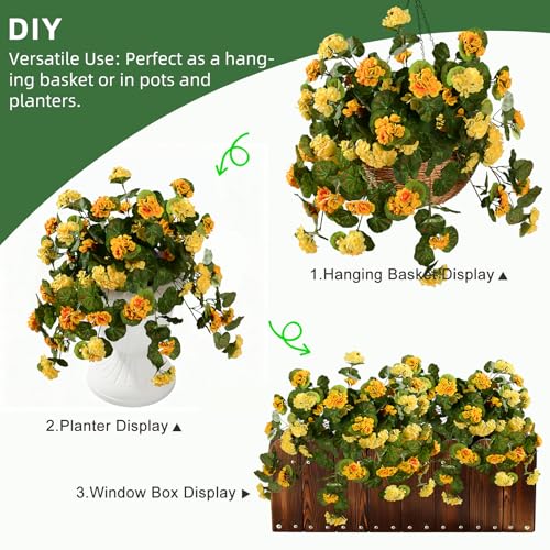 Artificial Geranium Flowers for Outdoor 2 Pcs Artificial Yellow Flower Fake Flowers with Stems Silk Realistic Look Real Floral Arrangement for Front Door Porch Planter Patio Balcony (2 Pcs Yellow) - color: 2 Pcs Yellow