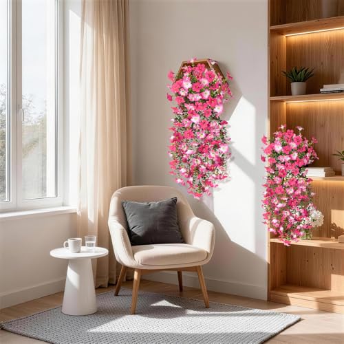 Artificial Fake Flowers Plants for Outdoor Spring Summer Decoration,2 PCS Faux Silk Morning Glory with Eucalyptus Leaves,UV Resistant Realistic Outdoor Flowers for Balcony Porch Patio Yard Garden - color: Rose Red Pink