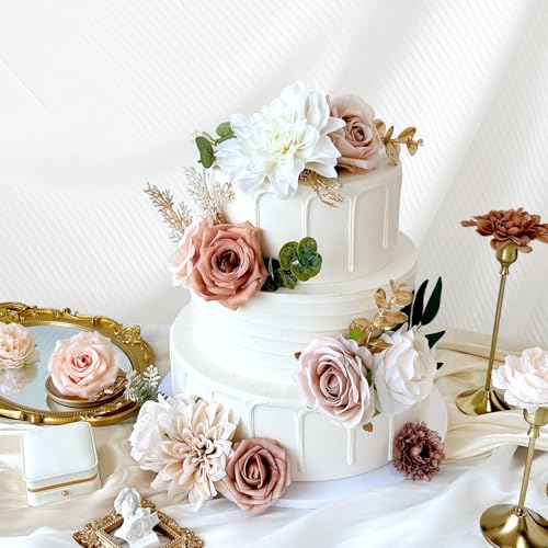 Artificial Flowers Combo Box Set Terracotta Silk Roses Dahlia with Stems DIY Bridal Wedding Bouquets Cake Gold Boho Nude Beige Fake Floral Arrangements Baby Shower Party Table Centerpieces Home Decor - color: Nude, Terracotta