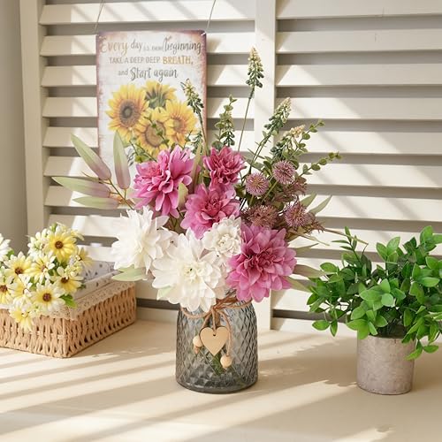 LUEUR Artificial Dahlia Flowers with Vase – Rose Red Faux Flower Arrangement, Romantic Floral Centerpiece Table Decorations for Coffee Table, Dining Room, Living Room & Farmhouse Spring & Summer Decor - color: Rose Red