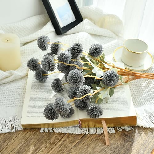 Mandy's 6 Stems Silk Dusty Blue Kiku Ball Flowers | Artificial Chrysanthemum Stems for Home Summer Décor Realistic Faux Floral Arrangement Minimalist Elegant Style - color: Dusty Blue
