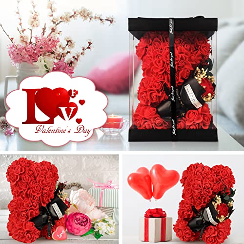 Gifts for Women Rose Bear with Bouquet and I Love You Necklace in 100 Languages, Birthday Mother’s Day Anniversary Valentines Gifts for Girlfriend Mom Wife Daughter - color: Rose Red